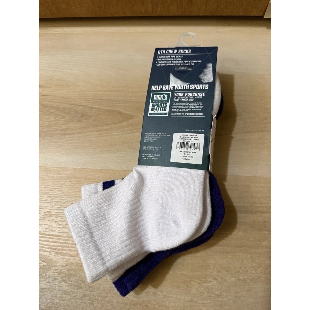 Men's DSG Medium QTR Crew Athletic Socks 3-Pack White Purple Quarter Crew NEW